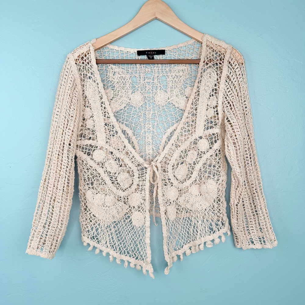 Fever Crochet Cardigan Women Size M Cream Open Knit Tie‎ Front Boho Shrug Sheer